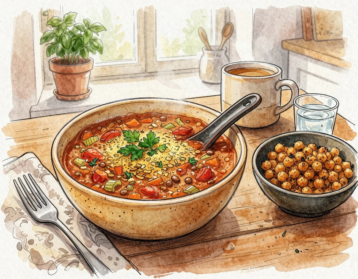 따뜻한 토마토 렌틸콩 스튜와 구운 병아리콩 간식