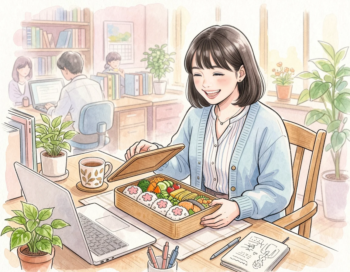 사무실 책상에서 건강한 다이어트 도시락을 열며 미소 짓는 직장인 여성 일러스트