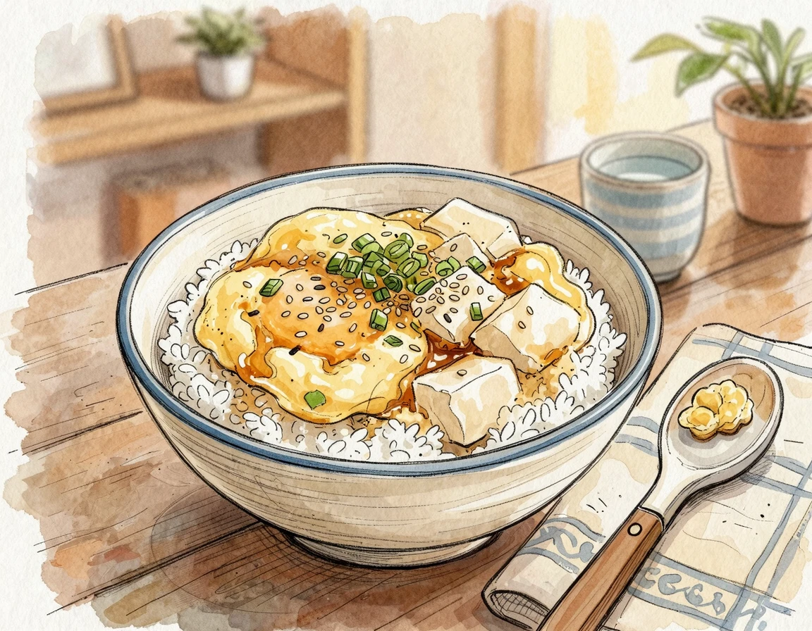따뜻한 밥 위에 올려진 부드러운 연두부 계란찜 일러스트