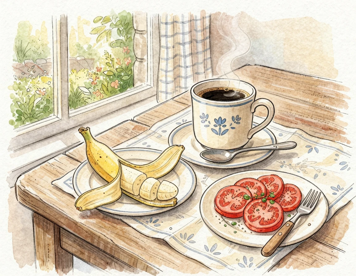 공복에 피해야 할 커피, 바나나, 토마토 일러스트