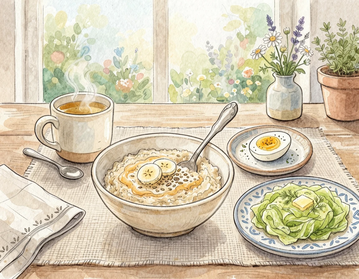 위장에 좋은 오트밀, 삶은 달걀, 양배추 아침 식사 일러스트