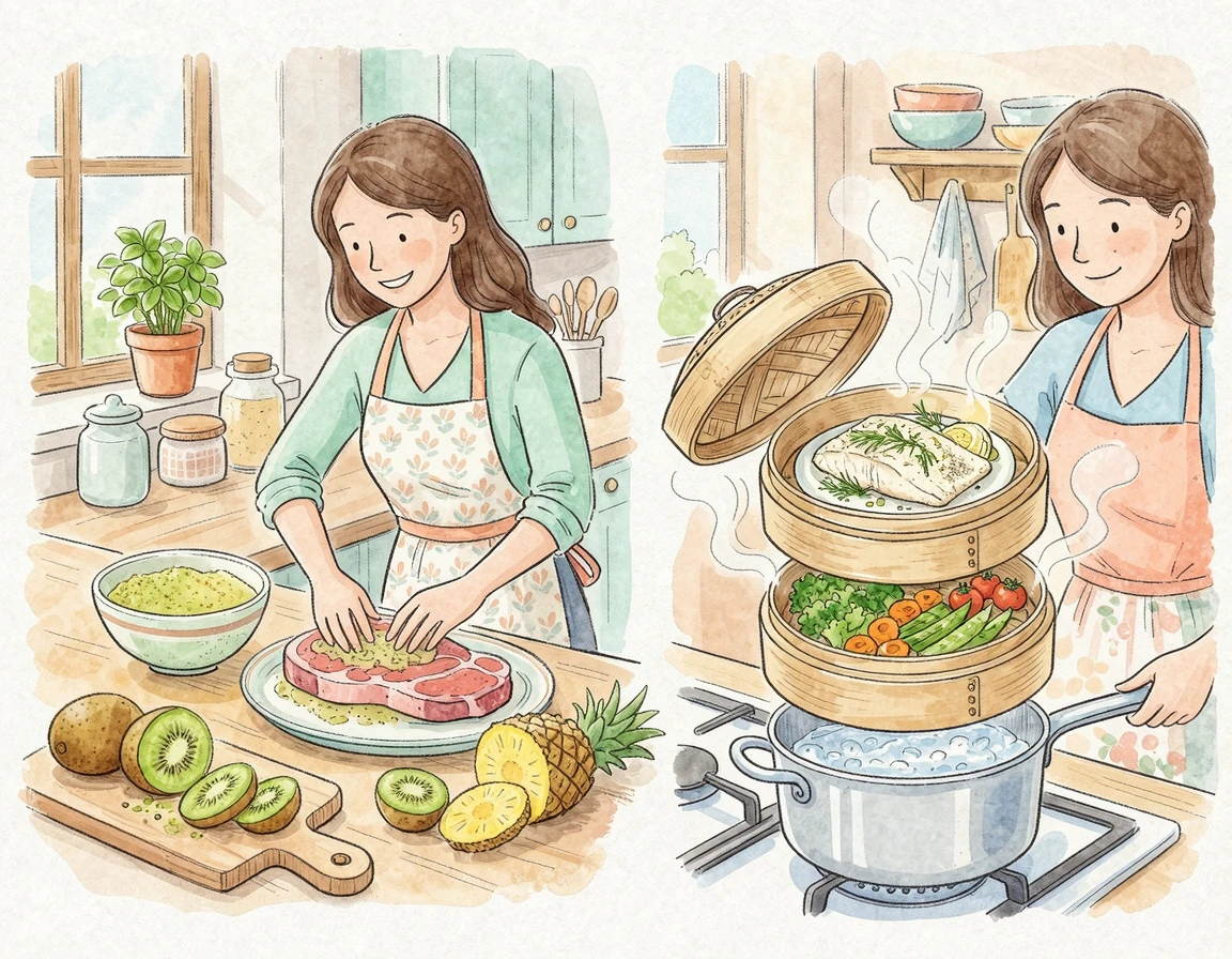 키위를 활용한 고기 연육 과정과 생선 찜 요리 일러스트