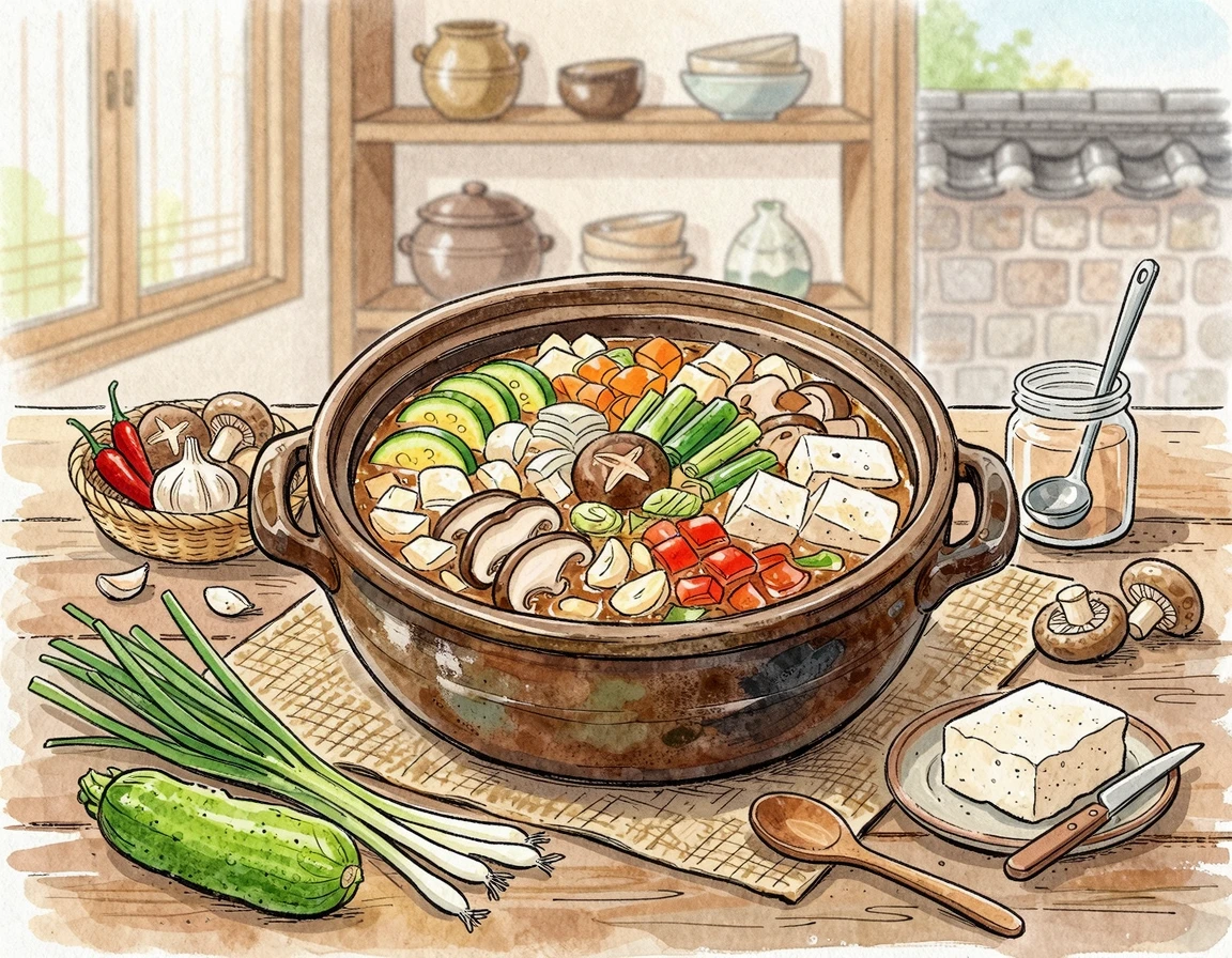 애호박, 양파, 두부 등 신선한 부재료가 가득 담긴 뚝배기 일러스트