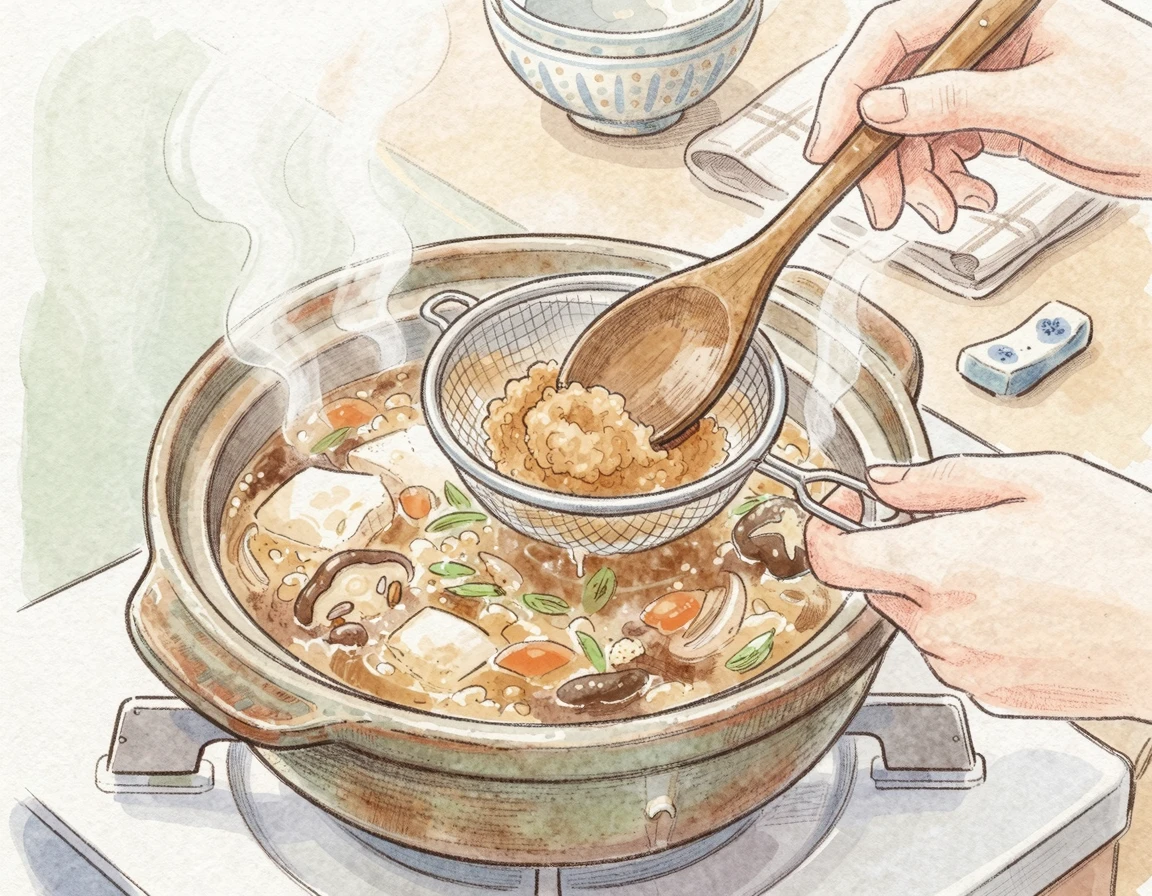 불을 끄기 직전 체에 밭쳐 된장을 푸는 요리 과정 일러스트