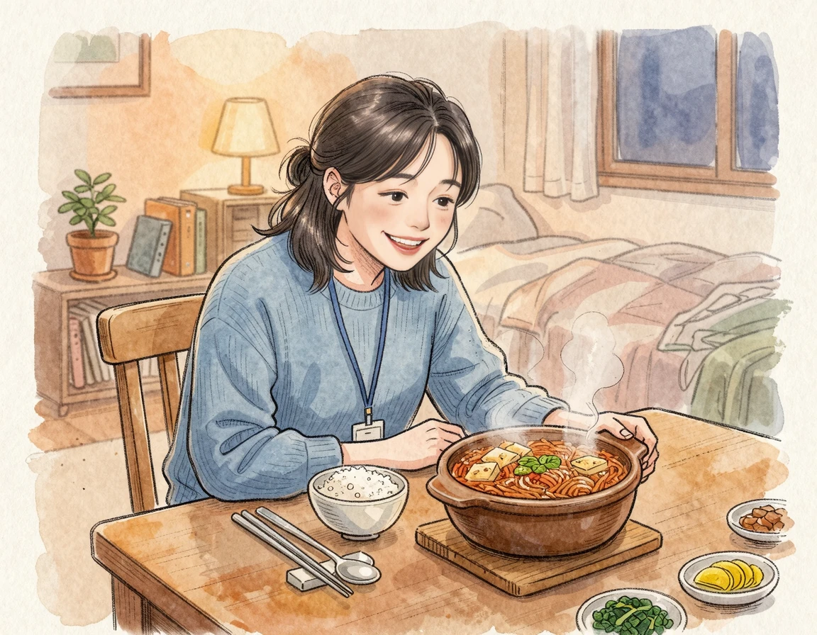 퇴근 후 따뜻한 된장찌개를 즐기는 직장인의 모습 일러스트