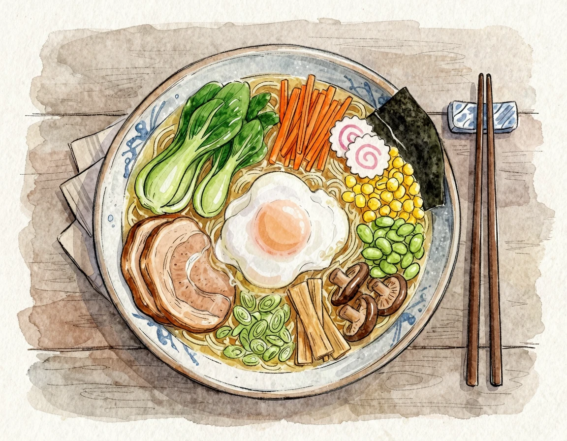 채소와 수란이 올라간 건강한 라면 완성본 일러스트