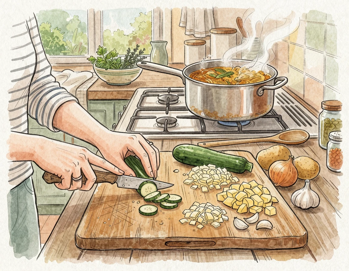 도마 위에서 감자, 양파 등 채소를 손질하는 모습 일러스트