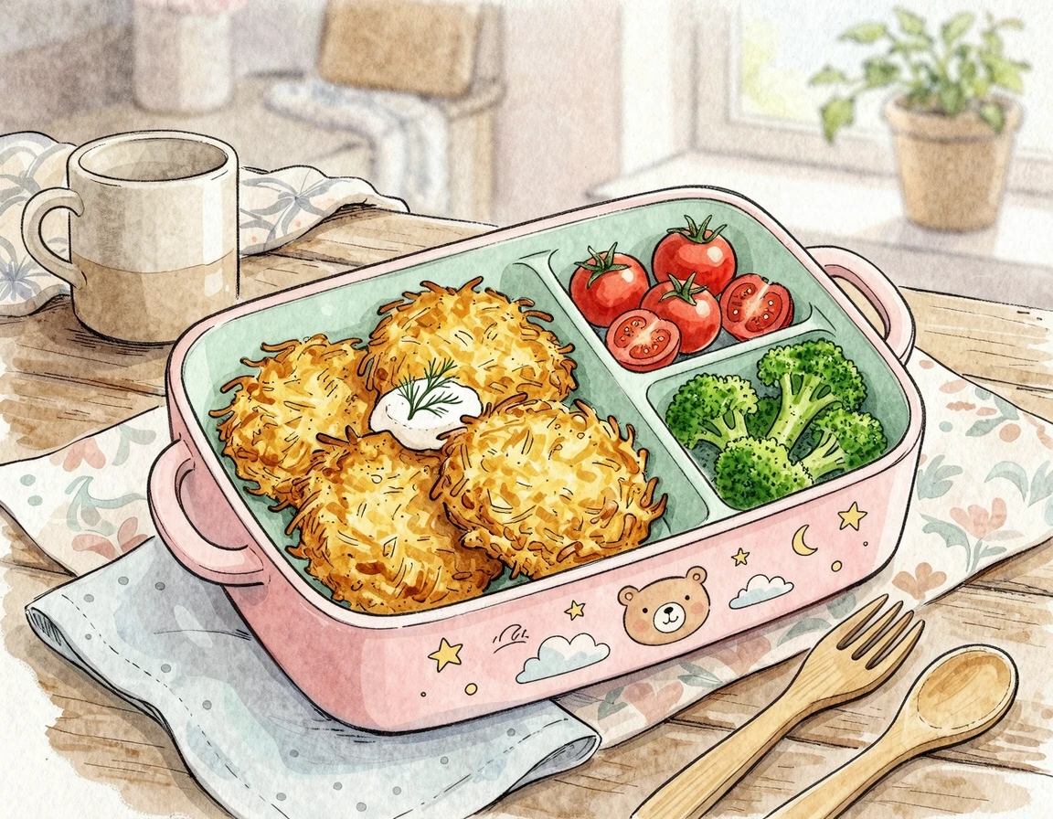 바삭하게 구워진 쌀가루 감자채전이 담긴 귀여운 유아용 도시락
