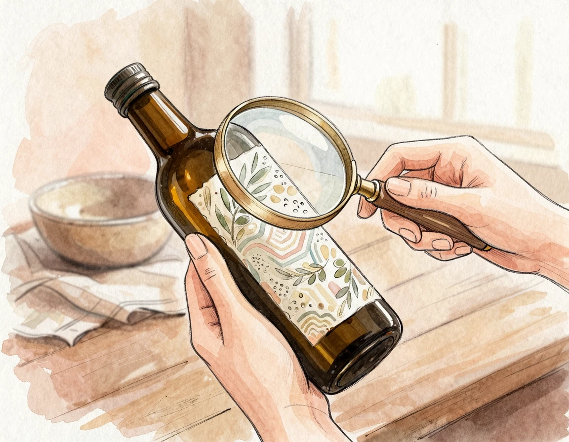 돋보기로 올리브오일 병의 라벨을 꼼꼼히 확인하는 모습