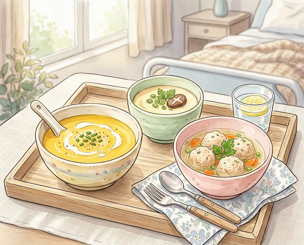 파스텔 톤 식기에 담긴 단호박 수프와 부드러운 완자찜 식단