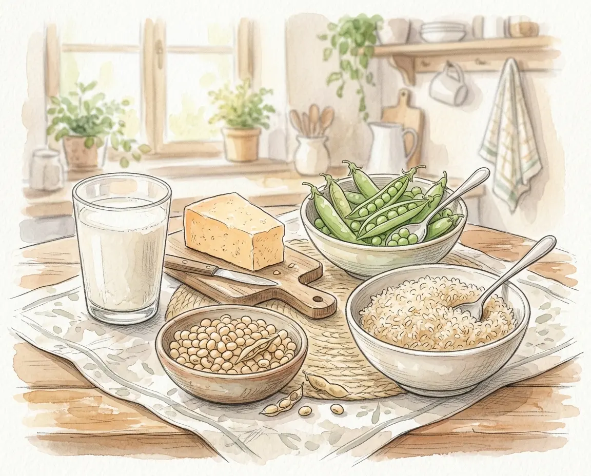 유청 및 식물성 단백질의 원천인 우유, 콩, 완두콩 일러스트