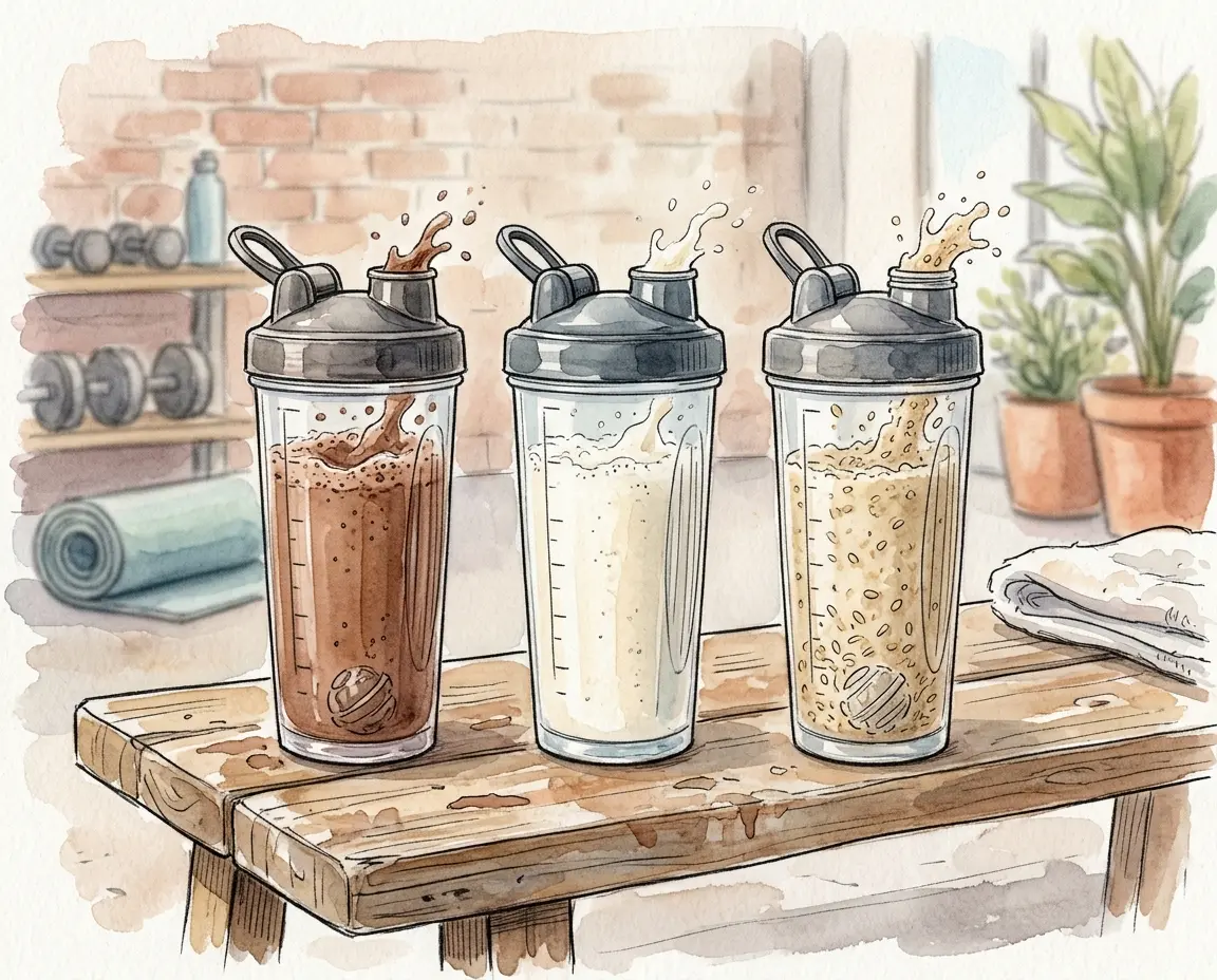 초코, 바닐라, 곡물맛 단백질 쉐이크가 담긴 보틀 비교 일러스트