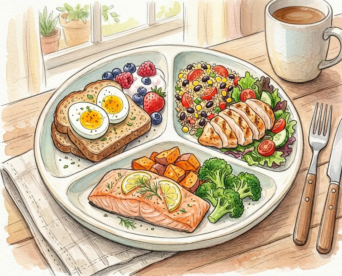 아침, 점심, 저녁으로 균등하게 나뉜 하루 단백질 식단 플레이트