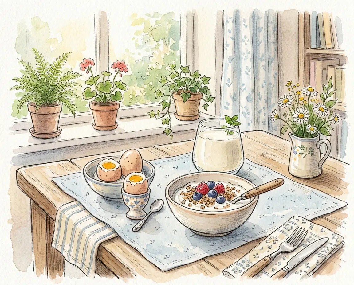 삶은 달걀, 그릭 요거트, 두유가 차려진 따뜻한 아침 식탁