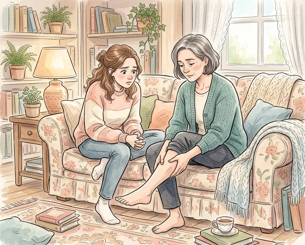 다리를 만지며 불편해하는 50대 어머니와 걱정하는 30대 딸의 모습