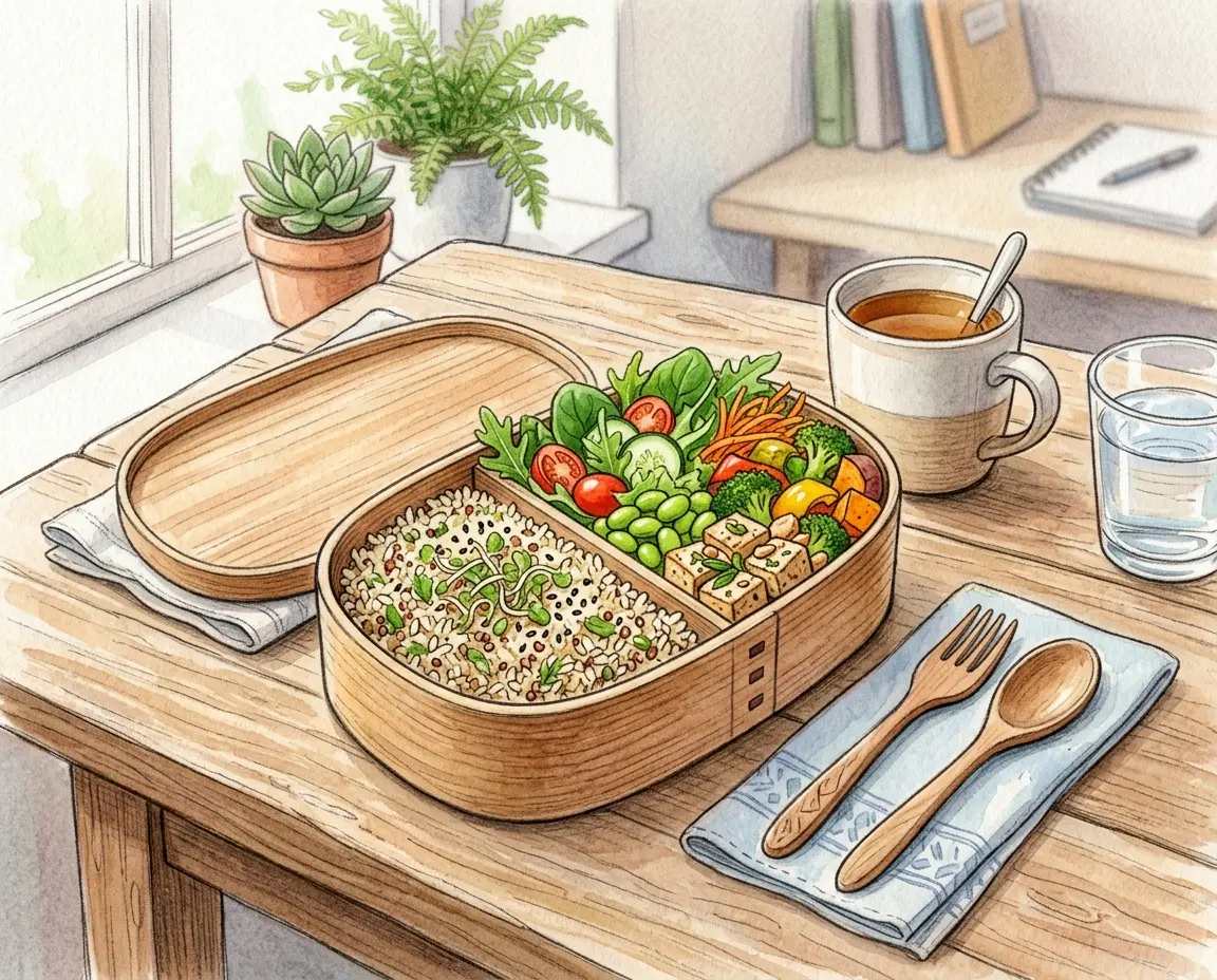 발아현미밥이 담긴 직장인 건강 도시락 일러스트