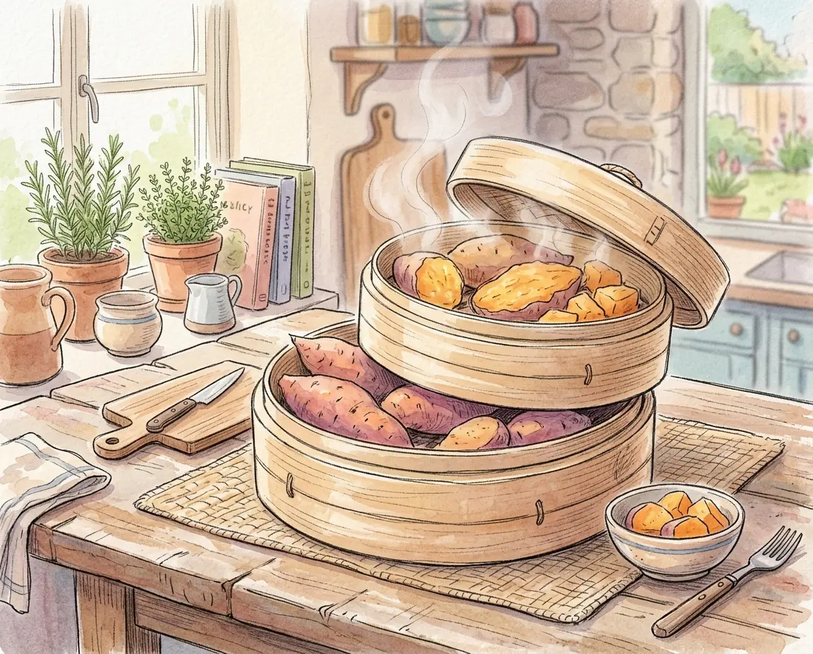 찜기에 쪄낸 건강한 고구마 일러스트